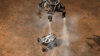 Recreación del momento posterior al aterrizaje del Curiosity en la superficie marciana. (Foto: NASA)