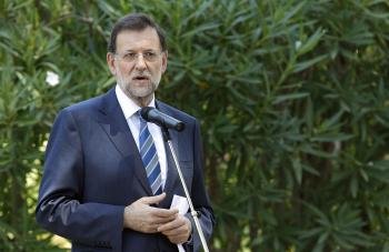 El presidente del Gobierno, Mariano Rajoy, durante la rueda de prensa que ofreció hoy en en el Palacio de Marivent