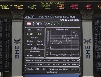  Panel informativo en el parqué madrileño que muestra la evolución del principal indicador de la bolsa española, el IBEX 35 (Foto: EFE)