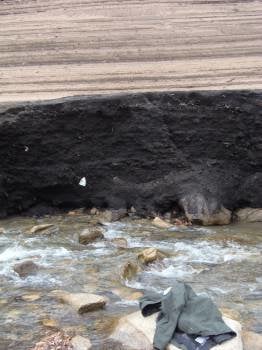 La densa capa negra de depósitos de ceniza en el embalse.