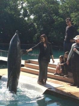 Kim Kardashian posando con un delfín
