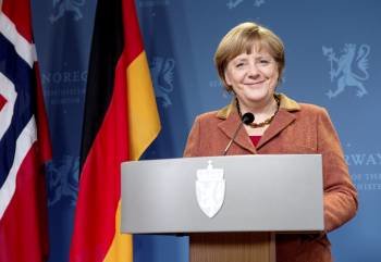 Ángela Merkel, durante una comparecencia pública que tuvo ayer en Oslo. (Foto: T. W. OIJORD)