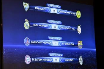 Una pantalla con el emparejamiento de los cuartos de final de la Liga de Campeones.