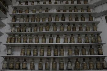 Colección de frascos antiguos, algunos conteniendo aún los líquidos indicados en la etiqueta. (Foto: MIGUEL ÁNGEL)