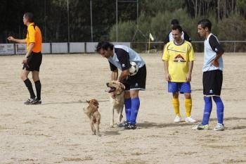 David Pérez intentando contener a dos perros durante el partido ante el Polígono en Soutopenedo.