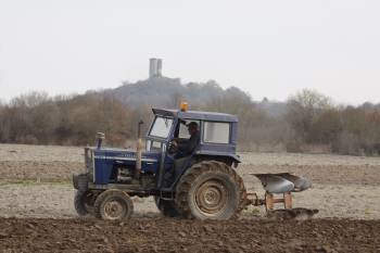 Un agricultor de A Limia ara con su tractor un campo de patatas. (Foto: XESÚS FARIÑAS)