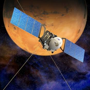 Recreación de la sonda europea 'Mars Express', en uno de sus vuelos de observación de Marte. (Foto: ESA)