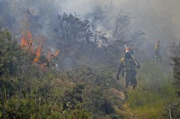 Dos brigadistas durante las labores de extinción del incendio en Astureses (Boborás). (Foto: MARTIÑO PINAL)
