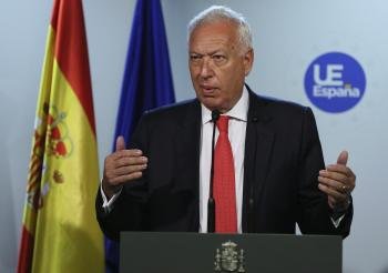 El ministro de Exteriores español, José Manuel Garcia-Margallo, da una rueda de prensa en el ámbito de su participación en el Consejo de Ministros de Asuntos Exteriores de la UE en Bruselas (Bélgica), en julio. (Foto: EFE)
