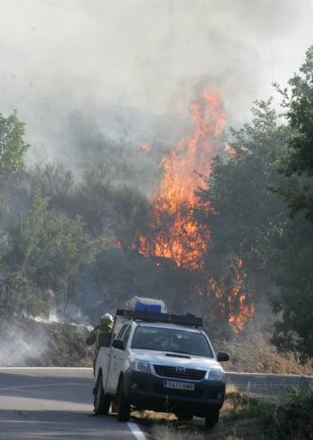 Llamas en el incendio declarado ayer en A Bola.  (Foto: MARCOS ATRIO)