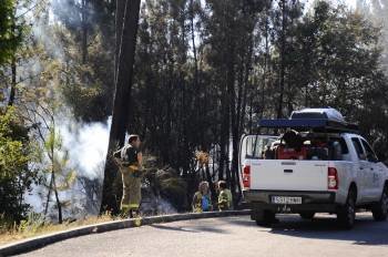 Efectivos de extinción en el incendio que se declaró ayer en Santa Mariña (Ourense) y afectó a monte arbolado. (Foto: MARTIÑO PINAL)