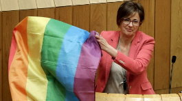  La diputada del BNG, Carme Adán, muestra una bandera durante el debate de la ley