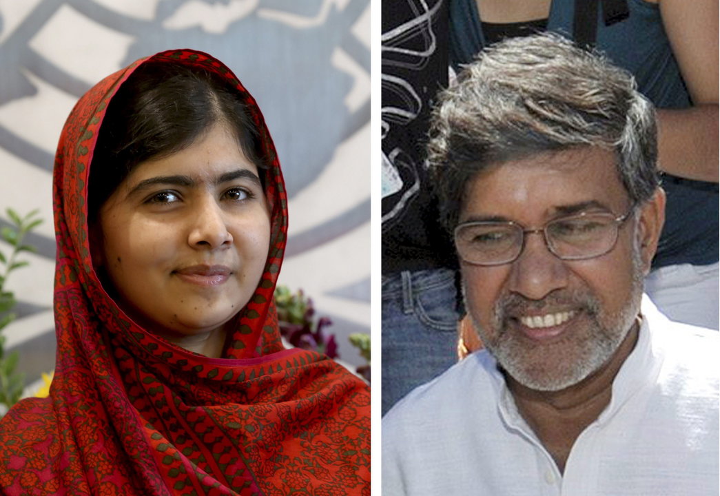 Combo fotográfico que muestra a la adolescente paquistaní Malala Yousafzai (i) en una foto de archivo correspondiente al 18 de agosto de 2014; y al presidente de la Marcha Global contra el Trabajo Infantil, el indio Kailash Satyarthi (d), en una imagen tomada el 12 de junio de 2009
