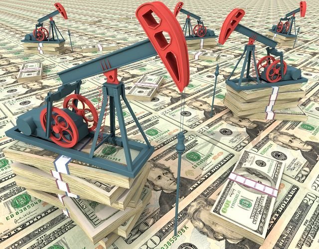Oil pumps on dollar banknotes. Conceptual 3D illustration.