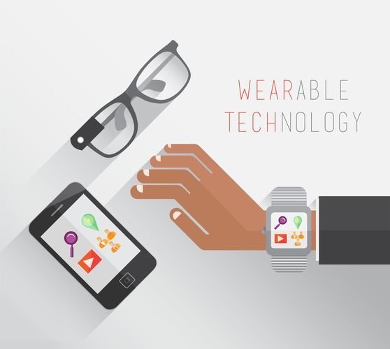 Wearable technology vector with glasses watch and smartphone on grey background