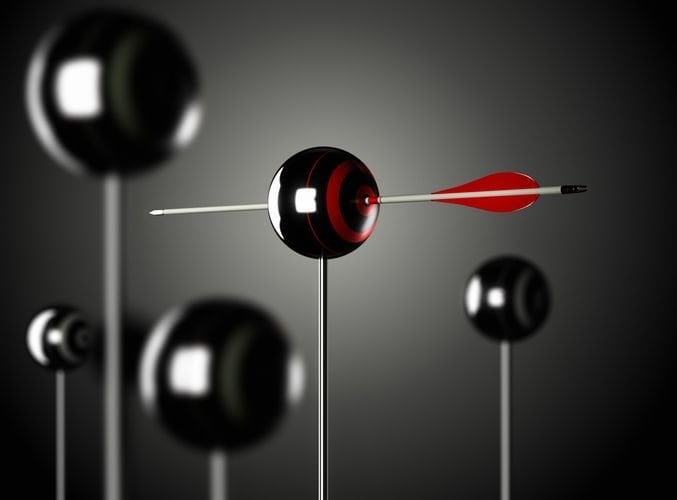 One red arrow piercing a ball shaped target mouted on a pole, black background, Blur effect3D render illustration