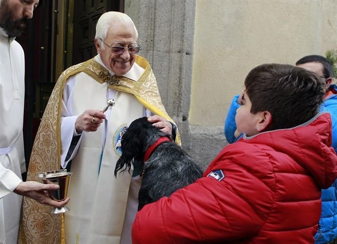 El padre Ángel bendice a un perro, una de las mascotas que hoy han llevado sus dueños a la parroquia de San Antón de Madrid para cumplir con esta tradición con motivo de la festividad del santo del mismo nombre, patrón de los animales.