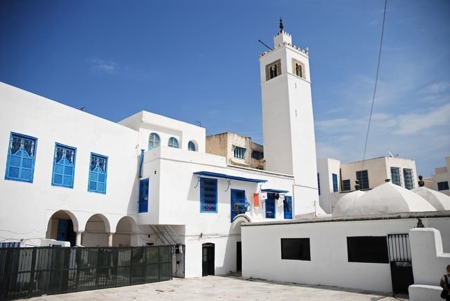 Sidi Bou Said El Ghofrane mosque, nearby the Rue Habib Thameur. Northern Tunisia, Mediterranean Sea, Northern Africa.
