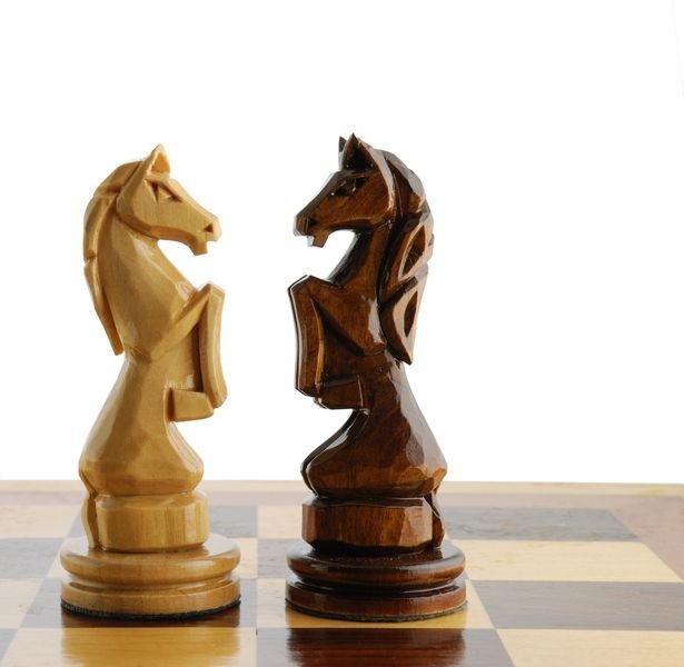 two chess horse. Figures of a chess are cut out from a tree - manual work