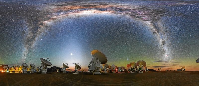 This stunning ultra high-definition equirectangular panorama image shows the Chajnantor plateau, place of ALMA (the Atacama Large Millimeter/submillimeter Array), which consists of 66 antennas. Above the array, the bright band of the Milky Way shines with all its fascinating details. Links  Fisheye version of this image Extended to 360 x 180 degrees (with black) version of the image 