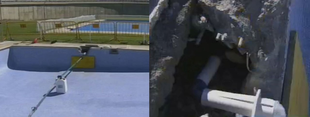 Imagen de la piscina, y del agujero realizado para poder extraer la tubería, a la derecha