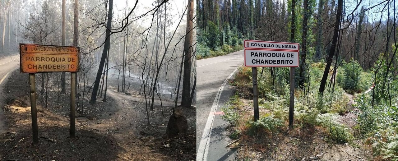 A la izquierda, la famosa foto del cartel quemado y todo su entorno, hace un año. A la derecha, cómo está ahora, un año después