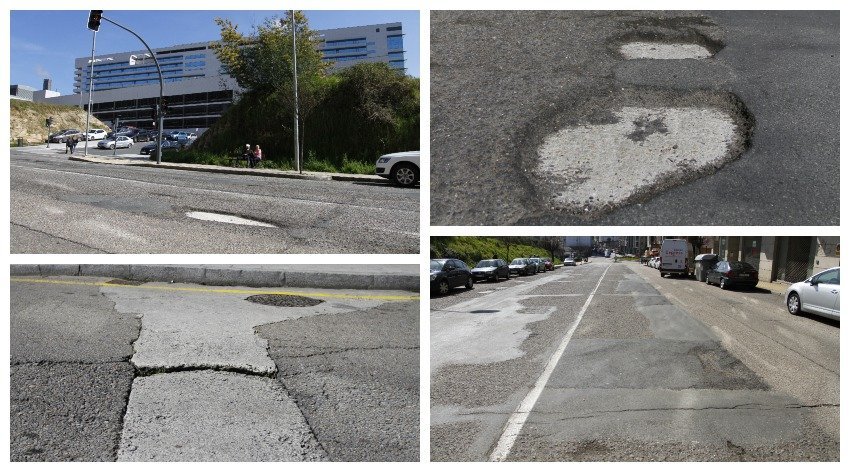 Aspecto que presenta el firme de la calle Nosa Señora da Saínza: baches, grietas y asfalto envejecido (A.C.)