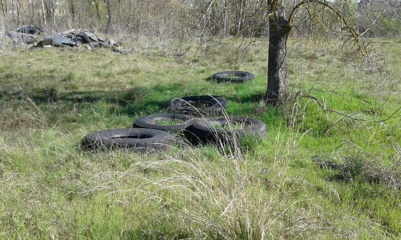 Neumáticos abandonados en el suelo industrial de A Raña.