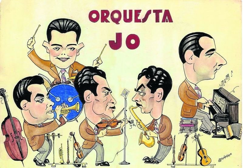 De izquierda da derecha: trompeta Albino, batería David, violín Adolfo “Cudeiro”, saxo Berto “Cudeiro” y piano maestro Jo.