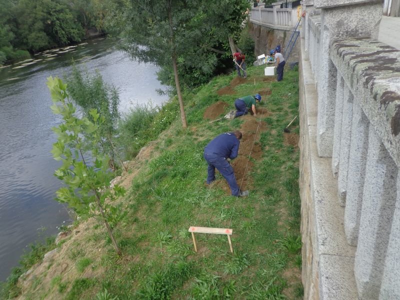 Varios alumnos trabajan en la construcción de la rampa, en la zona de la Praza Maior.