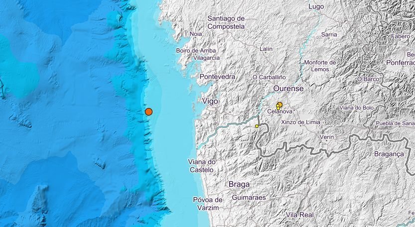 El epicentro del terremoto frente a las costas deVigo