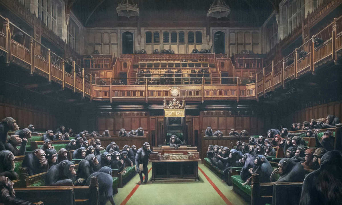 El cuadro de Banksy que muestra la Cámara de los Comunes repleta de chimpancés.