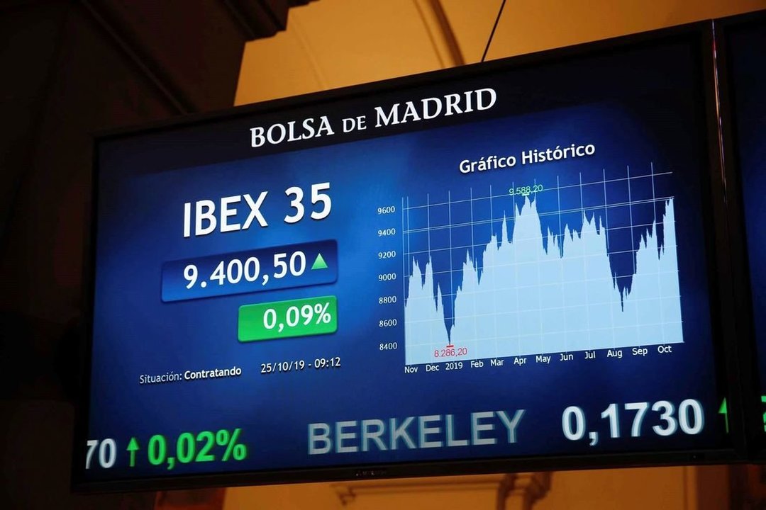 Una pantalla muestra una gráfica con la evolución del índice IBEX 35 al inicio de la sesión, este viernes, en el parqué madrileño. (Foto: EFE)