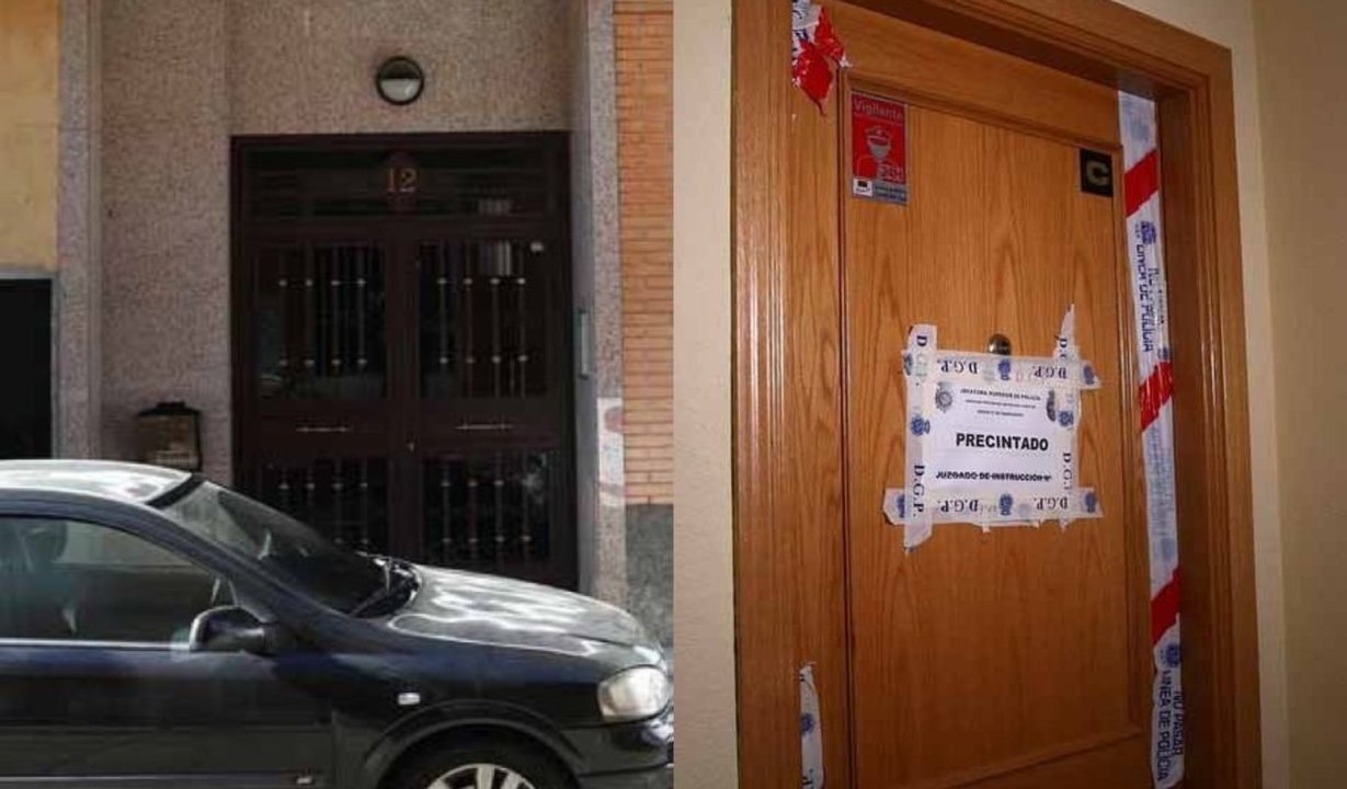 El edificio donde ocurrieron los hechos, en Vallecas, en la madrugada de ayer, la puerta continúa precintada
