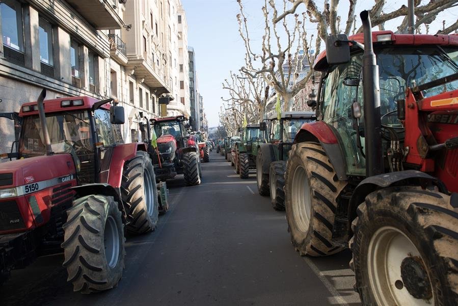 Varios miles de agricultores (10.000 según los organizadores, 3.500 según las Fuerzas y Cuerpos de Seguridad) y alrededor de 400 tractores han colapsado el tráfico del centro de Valencia con una multitudinaria protesta bajo el lema &#34;Prou d`enganyar als agricultors&#34; (Basta ya de engañar a los agricultores), convocada por Asaja, La Unió de Llauradors y UPA.

Esta manifestación, que se repite en otras ciudades españolas, exige al Gobierno que persiga la venta a pérdidas, en la que, según las principales organizaciones agrarias, incurren las grandes superficies comerciales; que se amplíen los fondos para seguros, que se habiliten depósitos para crisis, que se exijan controles fitosanitarios y laborales a los países exportadores, y que se estudie el impacto de los acuerdos comerciales con terceros países.

La marcha, en la que han participado cargos públicos del PSPV-PSOE, PP, Compromís, Ciudadanos y Unides Podem, se ha visto obligada a adelantar la cabecera debido a la gran afluencia de manifestantes.

La mayoría de los asistentes han sido pequeños propietarios, algunos con cruces adornadas con naranjas y crespones, y pancartas con lemas como &#34;La agricultura se va a la sepultura&#34; o &#34;Hemos perdido todo, hasta el miedo&#34;.

Antes del inicio de la marcha, representantes de las organizaciones agrarias de Valencia han reclamado &#34;medidas inmediatas&#34; para proteger al pequeño y mediano agricultor y frente al &#34;dumping social&#34; de terceros países.

El presidente de la Asociación Valenciana de Agricultores (AVA-Asaja), Cristóbal Aguado, ha valorado la &#34;histórica&#34; movilización de este viernes con &#34;más tractores y personas que nunca en Valencia&#34;, además de contar con el respaldo y solidaridad del mundo cooperativo y de colectivos sociales, económicos y sindicatos.

Aguado ha criticado que se favorezca a grandes fondos de inversión extranjeros que ofrecen &#34;salarios de esclavos para destruir la agricultura europea, española y valenciana por el dumping social&#34; y ha reclamado a los políticos de todos los partidos &#34;cambiar su posición y comenzar a atender las necesidades del campo&#34;.

El secretario general de La Unió de Llauradors y Ramaders, Carlos Peris, ha destacado ´que la &#34;multitudinaria&#34; protesta responde a que han llegado a &#34;una situación límite. No somos capaces de tener un ingreso de nuestras explotaciones porque toda la cadena de valor se centra en grandes suministradores y los grandes supermercados están acaparando ese valor&#34;.

El secretario regional de UPA, Ricardo Bayo, ha asegurado que en los últimos 25 años han ido &#34;de mal en peor y no se ha subido ni un céntimo&#34; el valor de los productos agrarios, mientras gastos como la luz, el gas, los fertilizantes o el agua &#34;han subido. Queremos precios justos para nuestro producto. Para ello hay que cambiar la ley de la cadena alimentaria, prohibir la venta a pérdidas y las prácticas abusivas&#34;.

Varios miles de personas y centenares de tractores han colapsado el centro de Lleida este viernes en una manifestación para reclamar precios justos para los productores agrícolas. EFE/Oscar Cabrerizo