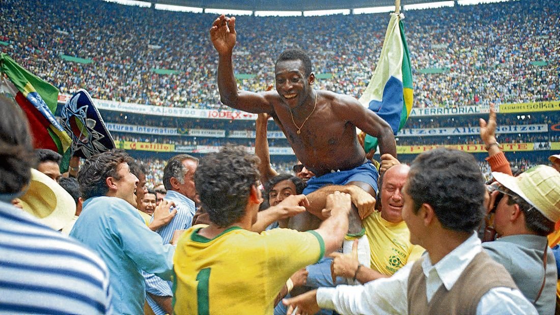 Brazil's Pele is hoisted on shoulders of his teammates after Brazil won the ninth World Cup final against Italy, 4-1, in Mexico City's Estadio Azteca, Mexico, on June 21, 1970.  Pele, who scored the opening goal of the game and assisted two, wins his third winner's medal.  The World Cup victory is Brazil's third win for the Jules Rimet Cup.  (AP Photo)
