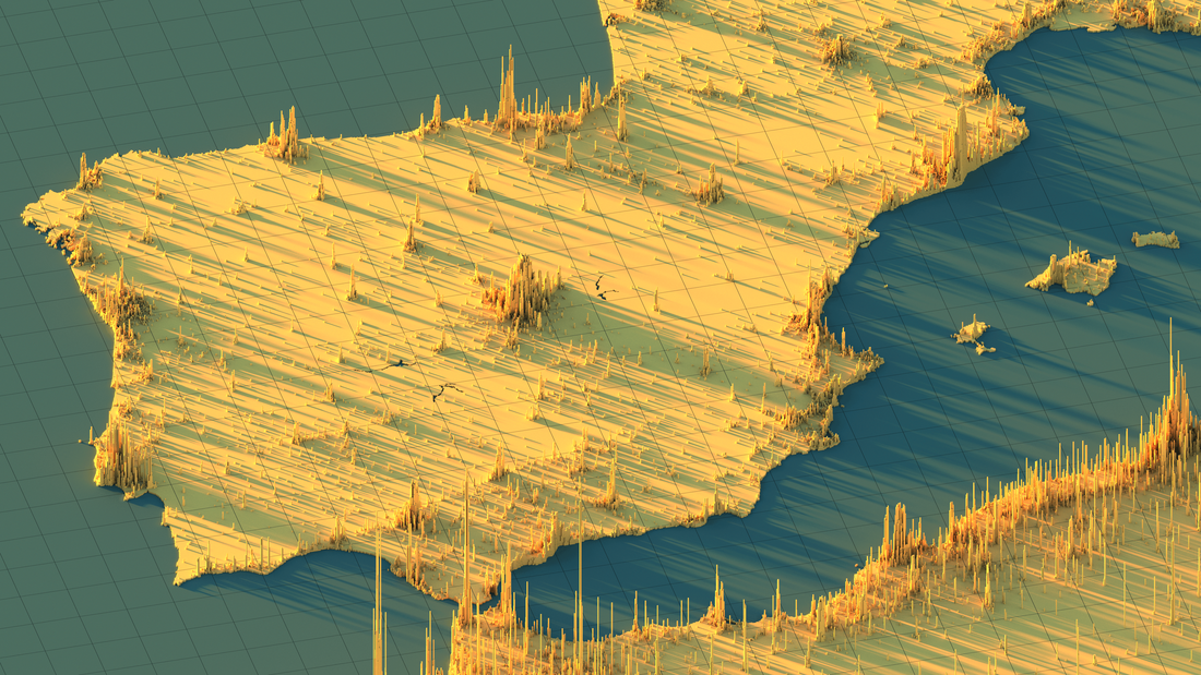 La densidad de población en la Península Ibérica, tal y como se ve en el mapa 3D creado por Alasdair Rae.