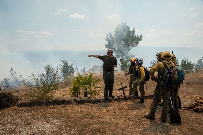 Brigadistas en un incendio declarado hace tres años en los alrededores de Vilar de Astrés (ÓSCAR PINAL).