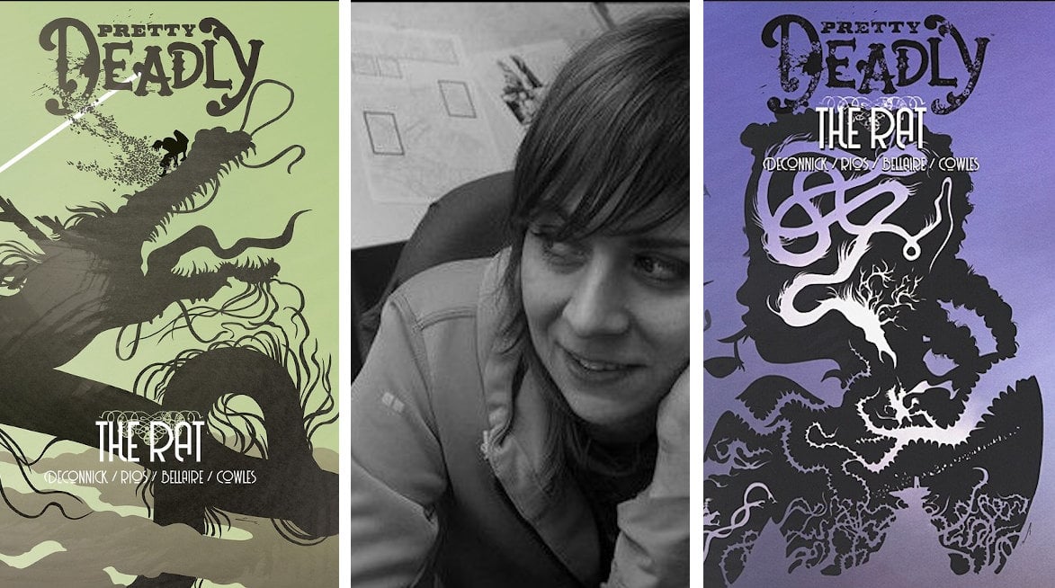 En el centro, la autora de cómic Emma Ríos. A los lados, dos portadas del tercer volumen de la serie Pretty Deadly.