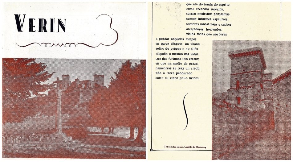 Portada del folleto turístico con verso incluido; y poema a Verin de Manuel Nuñez con el castillo al fondo.