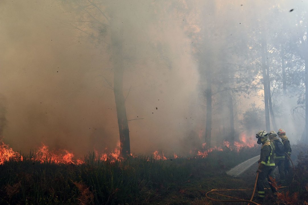 Los bomberos trabajan en la extinción de un fuego en Pereiro de Aguiar, ayer (JOSÉ PAZ).