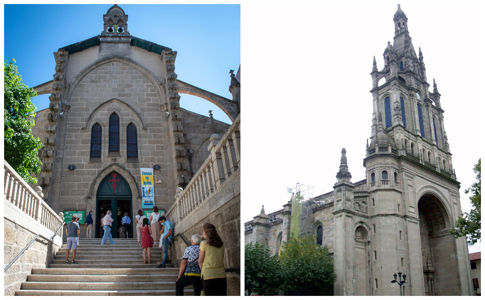 Fachada de la iglesia de Santiago das Caldas, supuestamente y según el arquitecto, una copia de la Basílica de Begoña, en Bilbao; y la Basílica de Begoña, en Bilbao.
