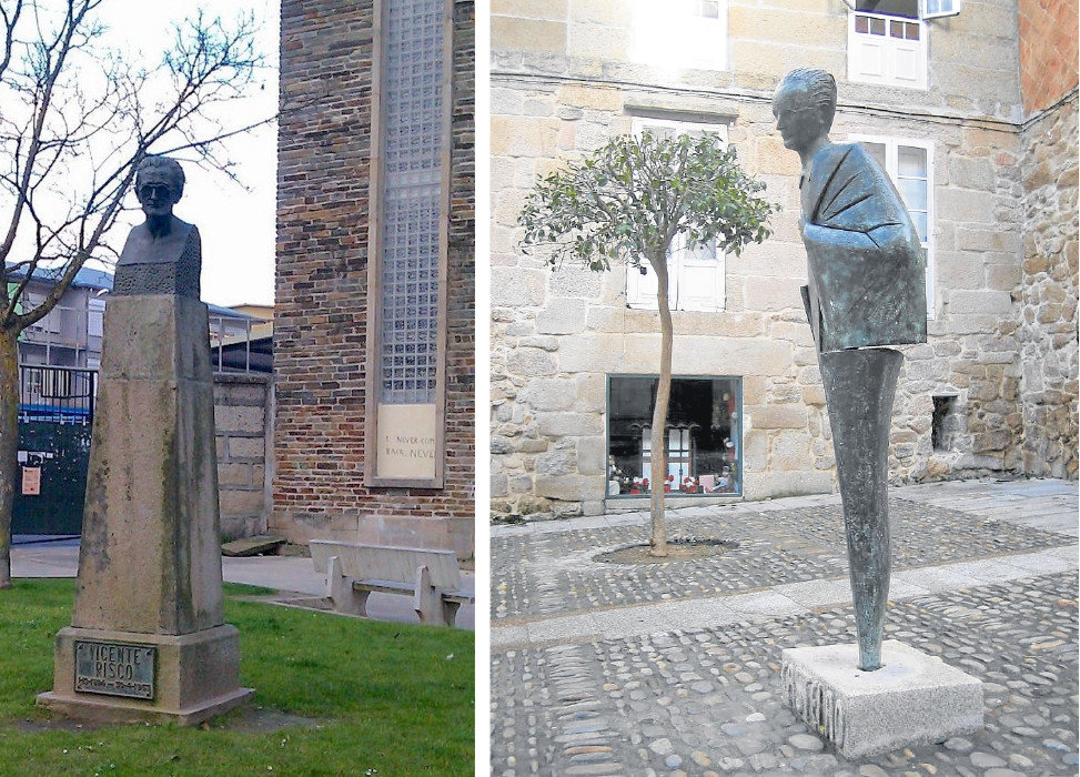 Estatuas a Vicente Risco (izq) y a Castelao (dcha), algunas de las más notables de la ciudad.