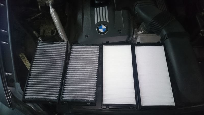 En la imagen, los filtros de un BMW usados y otros dos sin estrenar.