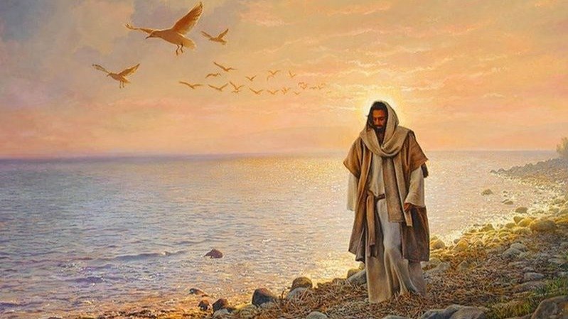 Dibujo de Jesucristo caminando al lado del lago.