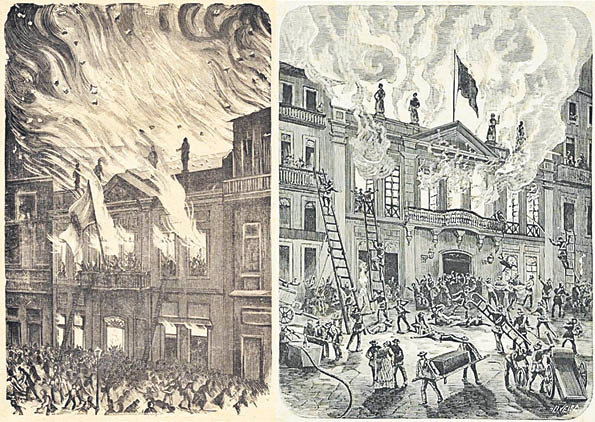 Ilustracións do incendio do Teatro Baquet de Oporto en xornais da época.
