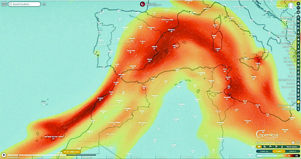  Imagen en la Twitter del satélite Copérnico con la presencia de dióxido de azufre prevista la mañana del viernes. 