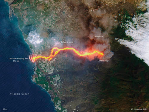 <p> El flujo de lava del volcán de la Cumbre Vieja captado por la misión Copernicus Sentinel-2. </p>