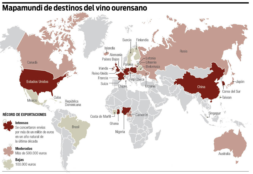 Mapamundi de destinos del vino ourensano