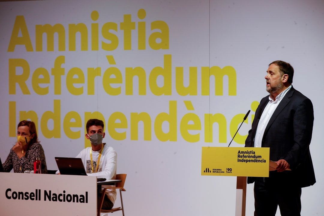 <p> Oriol Junqueras, durante su intervención ante el Consell Nacional de ERC. </p>